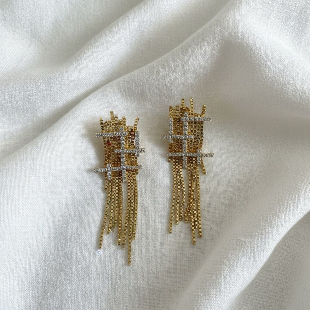 Gold Tassel Fringe Chain Stud Earrings Crystal CZ Geometric Sculptural Statement - Picture 4 of 8